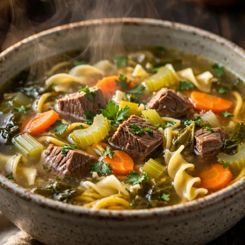 Rindfleisch Suppe Rezept – dampfende Schüssel klassische Rindfleischsuppe mit zartem Rindfleisch, Karotten, Sellerie und Nudeln