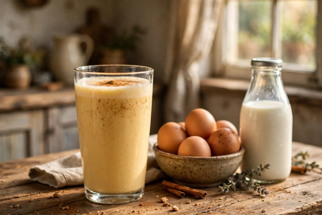 Rohe Eier trinken Rezept – cremiger Eier-Drink im Glas mit Zimt auf Holztisch