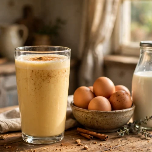 Rohe Eier trinken Rezept – cremiger Eier-Drink im Glas mit Zimt auf Holztisch