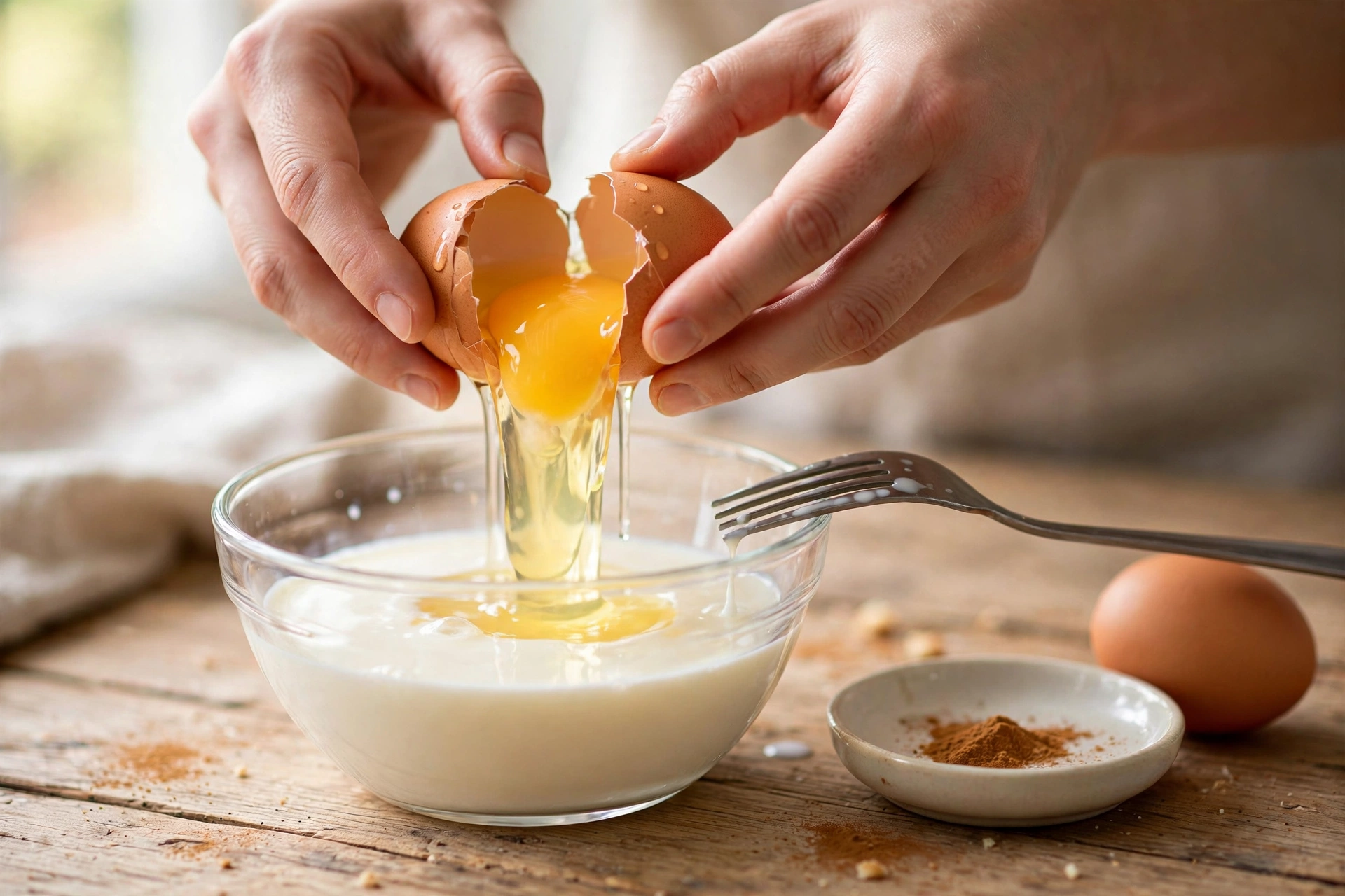 Rohe Eier trinken Rezept – frisches Ei wird über einer Schale mit Milch aufgeschlagen