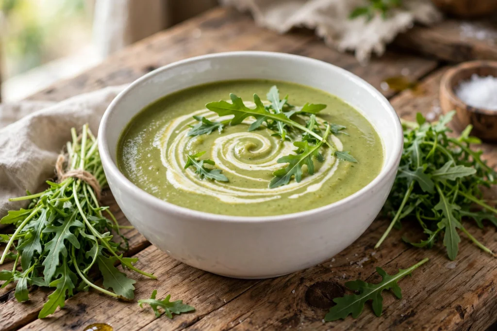 Rucola Suppe Rezept – cremige grüne Rucolasuppe mit Sahnehäubchen und frischen Rucolablättern in weißer Schale
