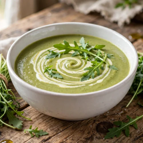 Rucola Suppe Rezept – cremige grüne Rucolasuppe mit Sahnehäubchen und frischen Rucolablättern in weißer Schale