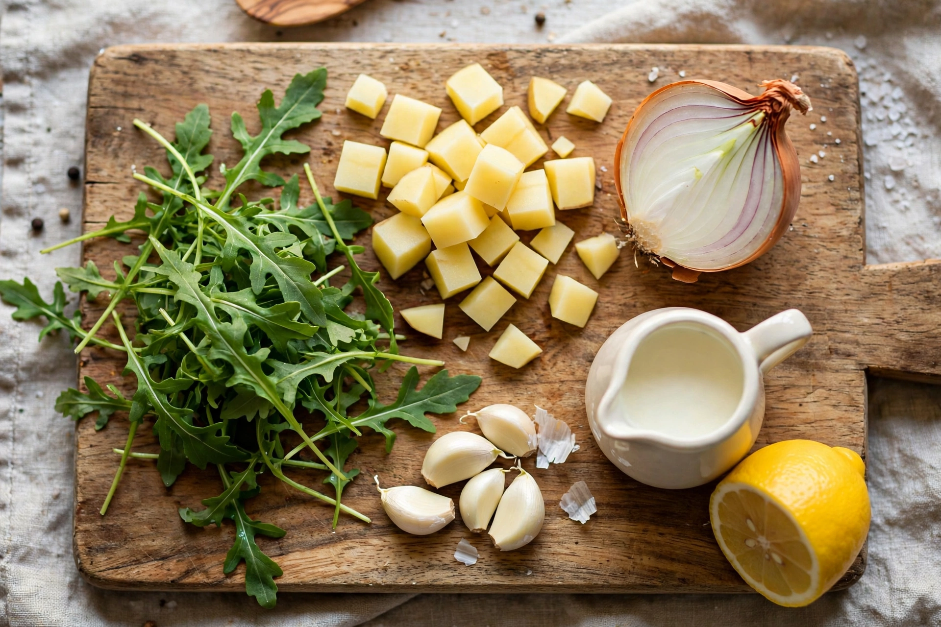 Rucola Suppe Rezept – frische Zutaten im Überblick: Rucola, Kartoffelwürfel, Zwiebel, Knoblauch, Sahne und Zitrone auf einem Holzbrett