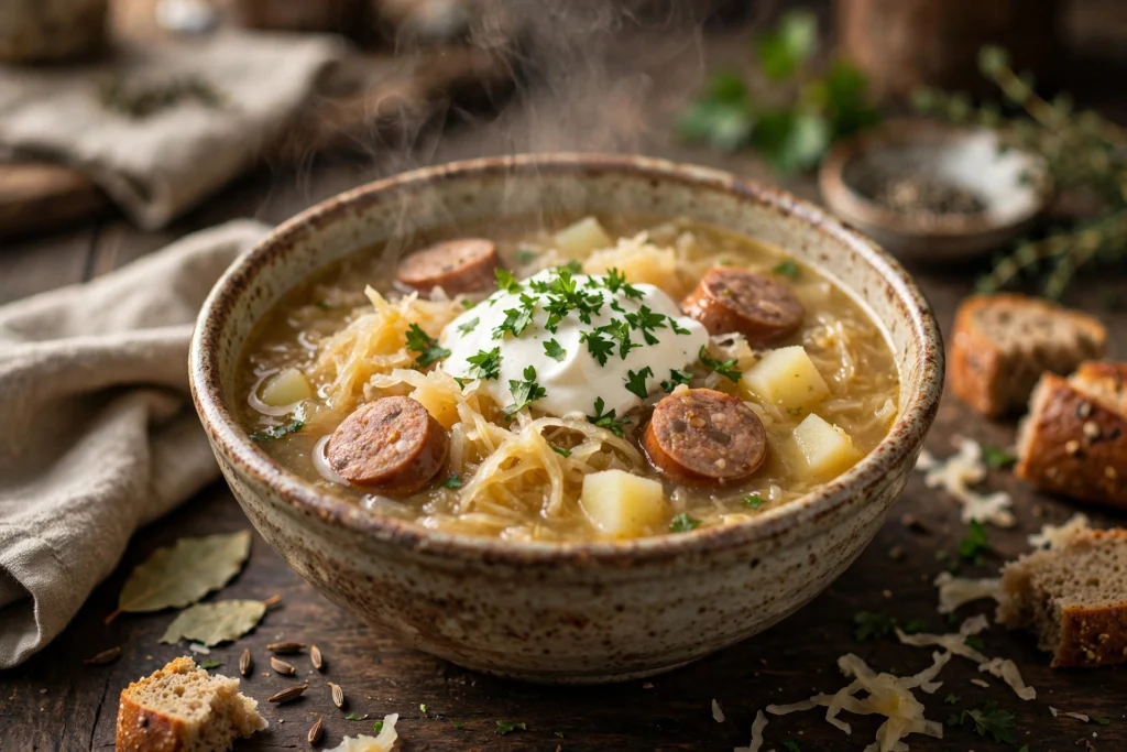 Sauerkraut Suppe Rezept – dampfende Schüssel herzhafte Sauerkrautsuppe mit geräucherter Wurst, Kartoffeln, saurer Sahne und Petersilie