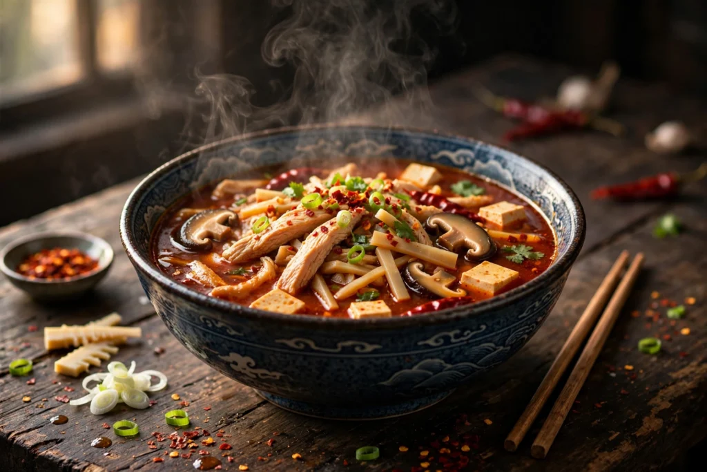 Sauna Suppe Rezept – dampfende Schale scharf-saurer Sauna-Suppe mit Hähnchenstreifen, Shiitake-Pilzen und Bambus in würziger roter Brühe