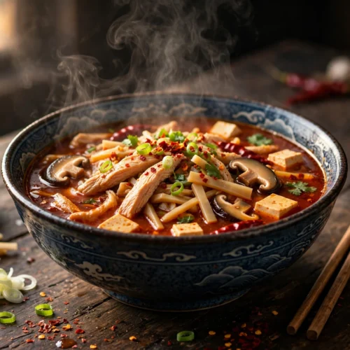 Sauna Suppe Rezept – dampfende Schale scharf-saurer Sauna-Suppe mit Hähnchenstreifen, Shiitake-Pilzen und Bambus in würziger roter Brühe