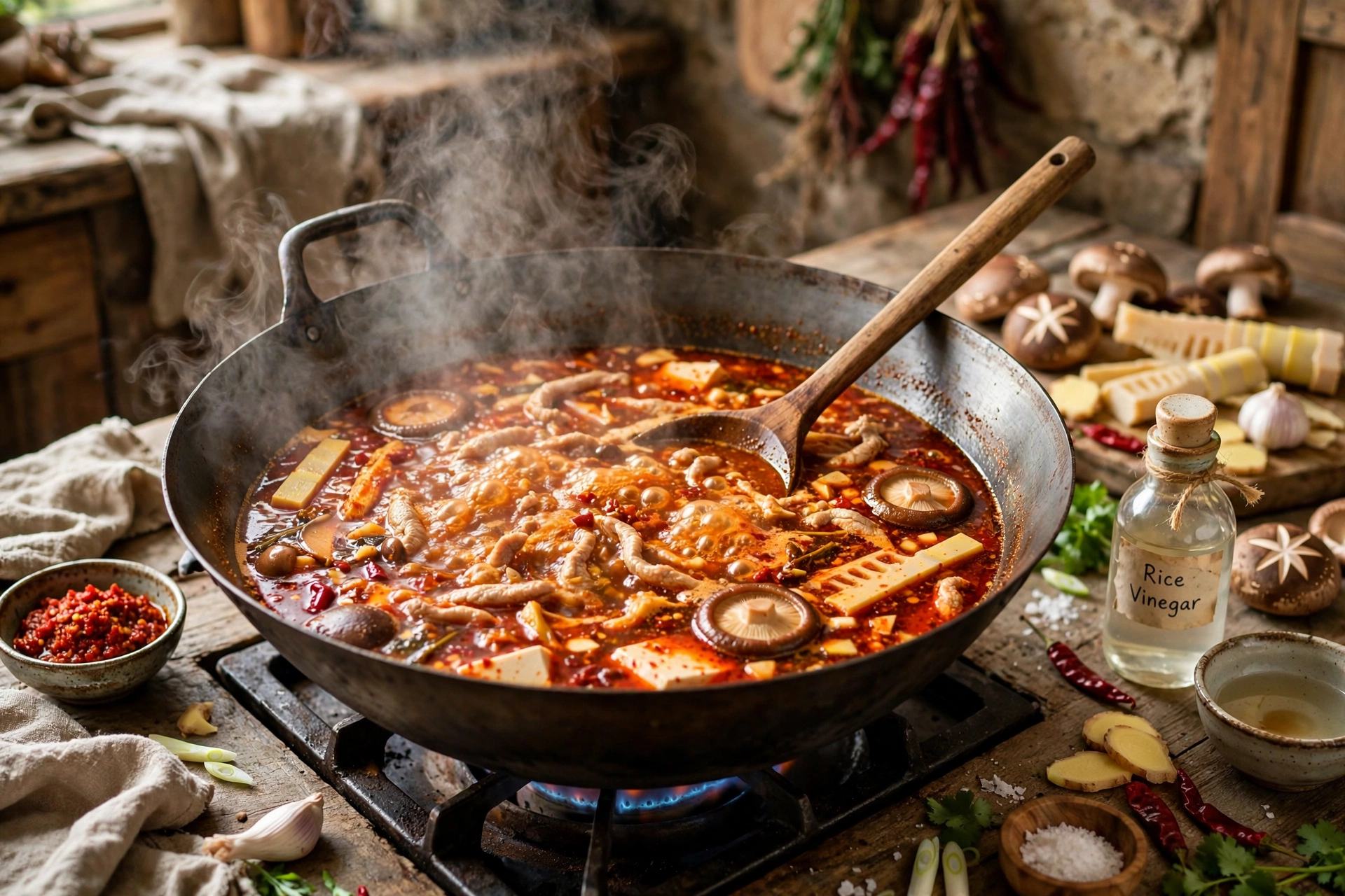 Sauna Suppe Rezept – Zubereitung im Wok: scharf-saure Brühe mit Hähnchenstreifen, Pilzen und Bambus wird mit dem Kochlöffel gerührt