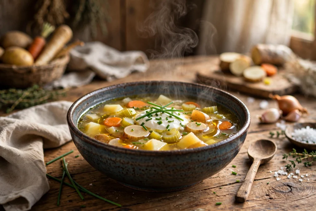Saure Suppe Rezept – dampfende saure Suppe mit Kartoffeln, Wurzelgemüse, Schmand und Schnittlauch
