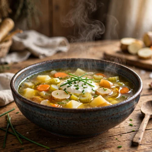 Saure Suppe Rezept – dampfende saure Suppe mit Kartoffeln, Wurzelgemüse, Schmand und Schnittlauch