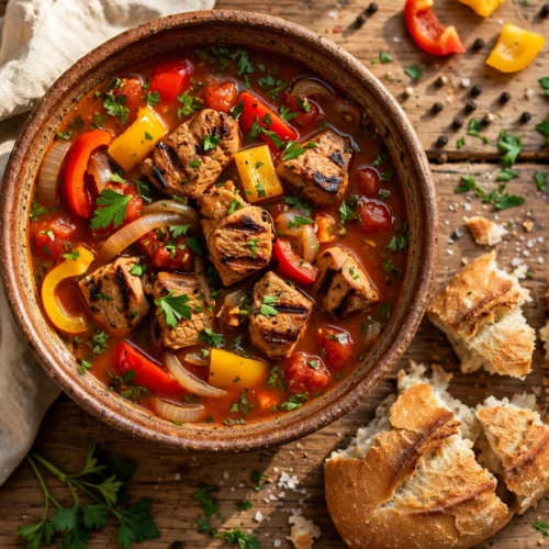 Schaschlik Suppe Rezept – herzhafte Suppe mit mariniertem Fleisch, Paprika und Zwiebeln in rustikaler Schale auf Holztisch