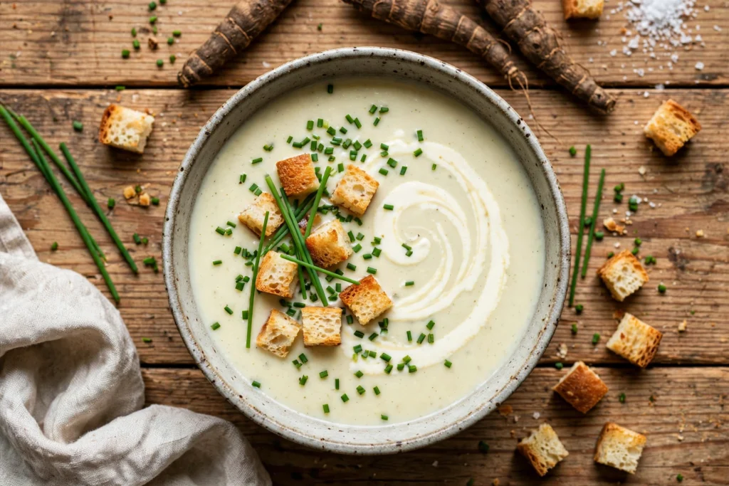 Schwarzwurzel Suppe Rezept – cremige Schwarzwurzelsuppe mit Sahnehäubchen, Croûtons und Schnittlauch in rustikaler Schale