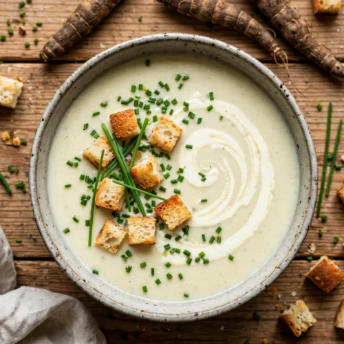 Schwarzwurzel Suppe Rezept – cremige Schwarzwurzelsuppe mit Sahnehäubchen, Croûtons und Schnittlauch in rustikaler Schale