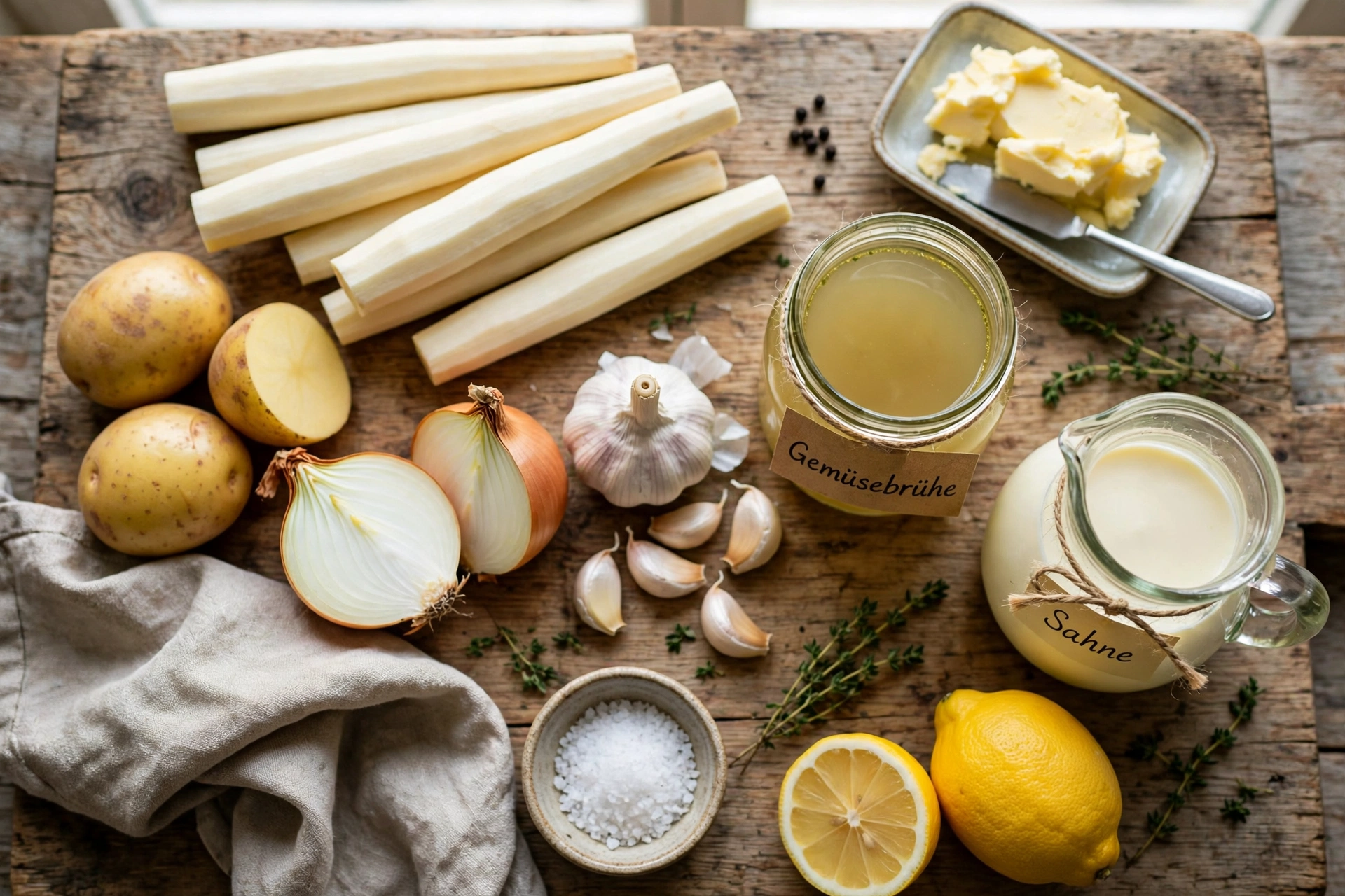 Schwarzwurzel Suppe Rezept – Zutaten im Überblick: frische Schwarzwurzeln, Kartoffeln, Zwiebel, Knoblauch, Butter, Gemüsebrühe und Sahne