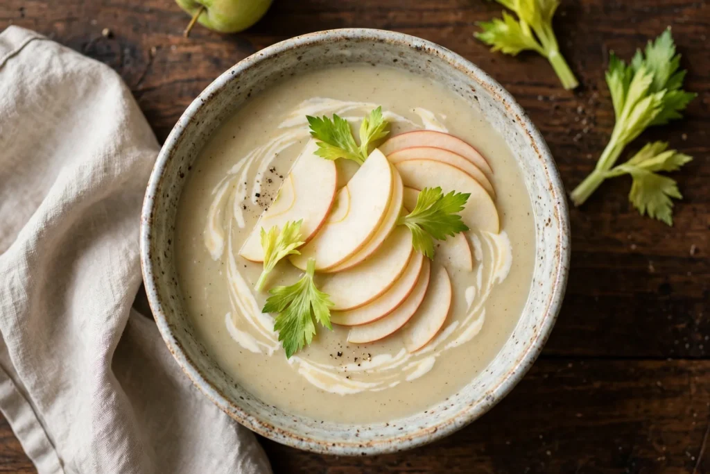 Sellerie Apfel Suppe Rezept – cremige Sellerie-Apfel-Suppe mit Apfelscheiben, Sahnehäubchen und Selleriegrün in rustikaler Schale