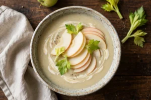Sellerie Apfel Suppe Rezept – cremige Sellerie-Apfel-Suppe mit Apfelscheiben, Sahnehäubchen und Selleriegrün in rustikaler Schale