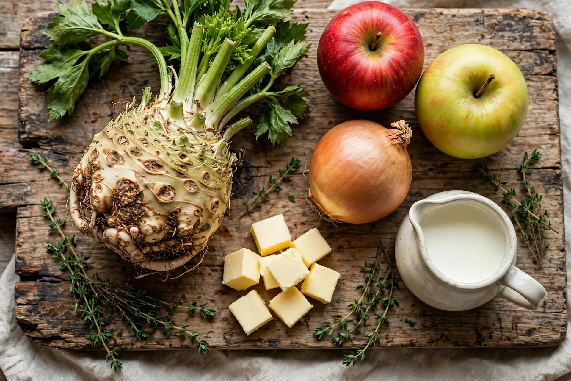 Sellerie Apfel Suppe Rezept – Zutaten im Überblick: Knollensellerie, Äpfel, Zwiebel, Sahne, Butter und Thymian auf einem Holzbrett