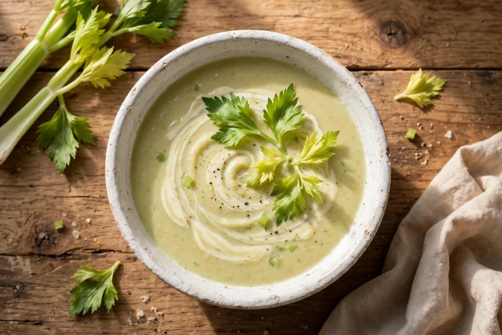 Sellerie Suppe Rezept – cremige Selleriesuppe in einer weißen Schale mit Sahnehäubchen und Selleriegrün auf Holztisch