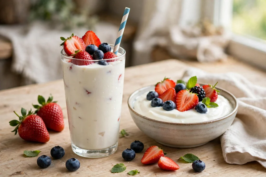Skyr trinken Rezept – cremiger Skyr-Drink mit Erdbeeren und Blaubeeren im Glas