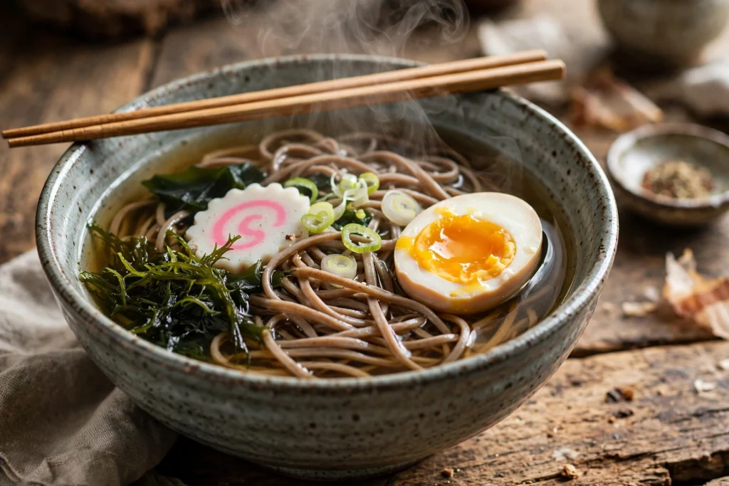 Soba Suppe Rezept – dampfende japanische Buchweizennudelsuppe mit Ei, Frühlingszwiebeln und Wakame in einer Schale