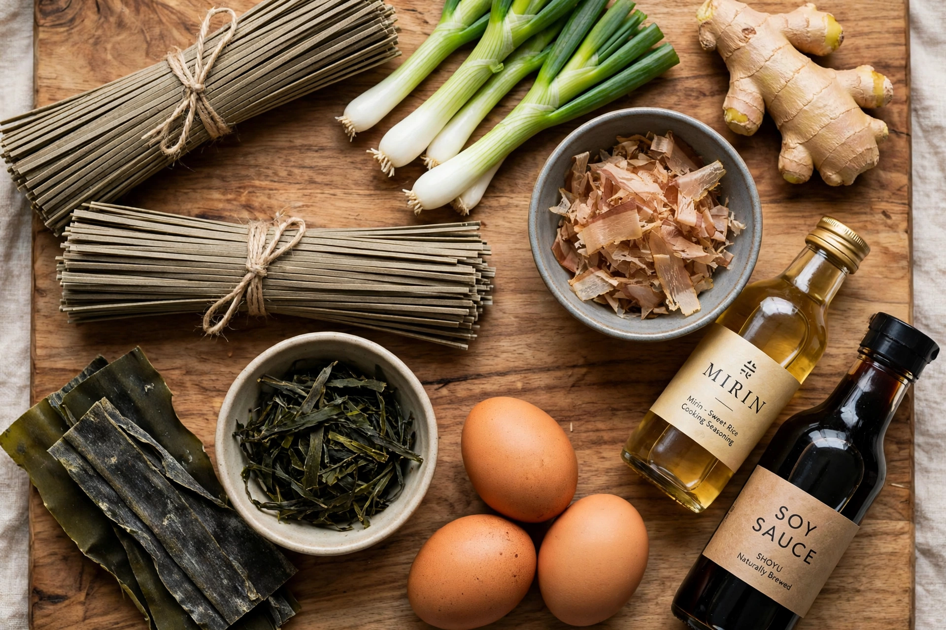 Soba Suppe Rezept – Zutaten im Überblick: Soba-Nudeln, Frühlingszwiebeln, Ingwer, Wakame, Eier, Sojasauce und Dashi
