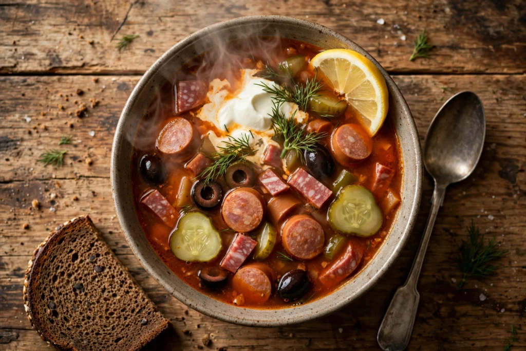 Soljanka Suppe Rezept – dampfende Schale russische Soljanka mit Wurstscheiben, sauren Gurken, schwarzen Oliven, Schmand und Dill