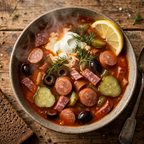 Soljanka Suppe Rezept – dampfende Schale russische Soljanka mit Wurstscheiben, sauren Gurken, schwarzen Oliven, Schmand und Dill
