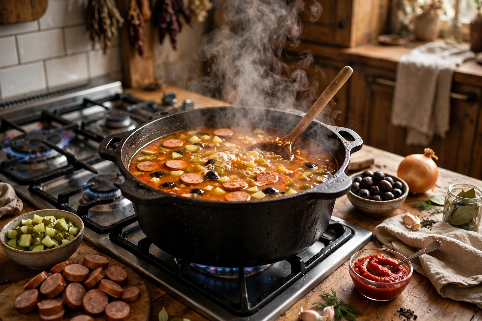 Soljanka Suppe Rezept – Zubereitung im Topf: Wurstscheiben, saure Gurken und Oliven köcheln in der rot glänzenden Brühe und werden mit der Kelle umgerührt