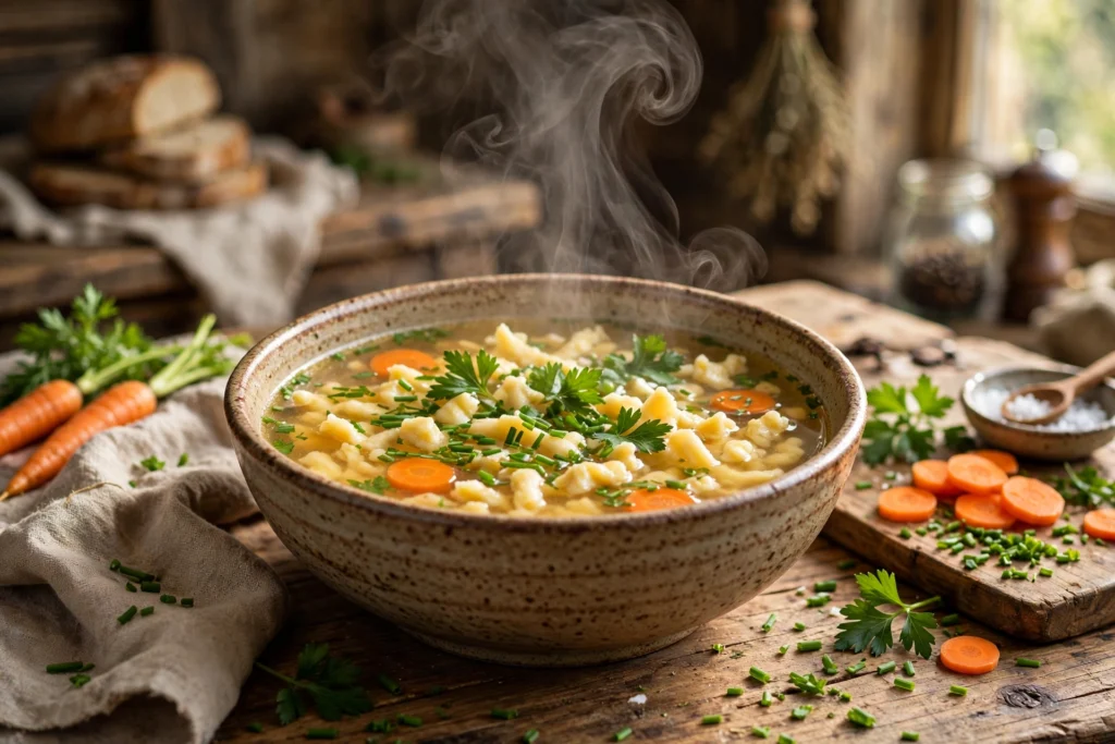 Spätzle Suppe Rezept – klare goldene Brühe mit selbst gemachten Spätzle, Möhren und Petersilie in einer Schüssel