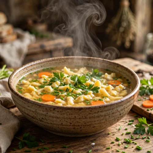 Spätzle Suppe Rezept – klare goldene Brühe mit selbst gemachten Spätzle, Möhren und Petersilie in einer Schüssel