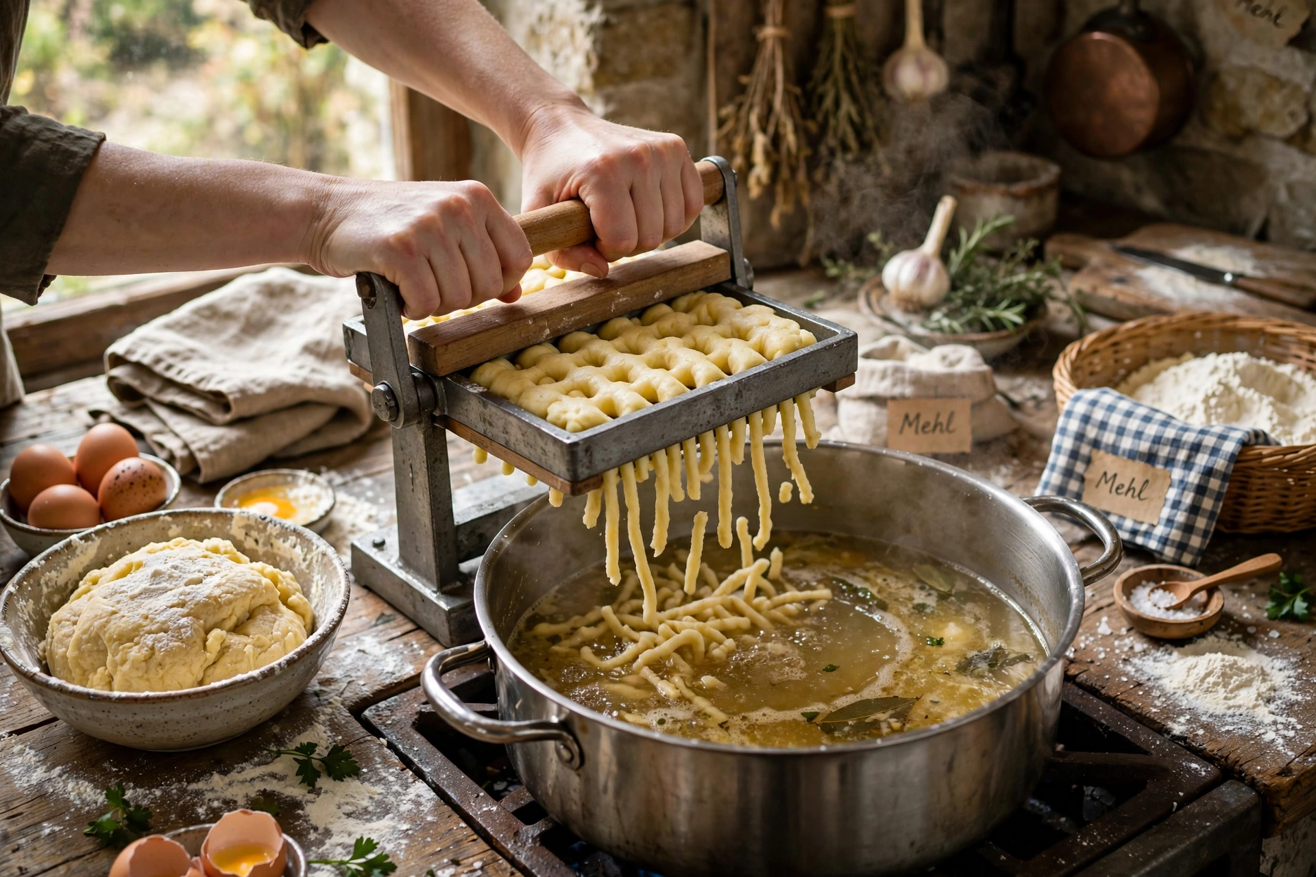 Spätzle Suppe Rezept – Zubereitung: frischer Spätzleteig wird durch eine Presse direkt in die siedende Brühe gedrückt