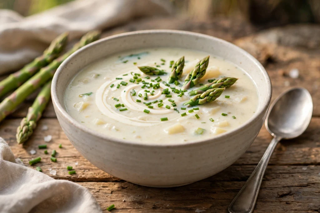 Spargel Kartoffel Suppe Rezept – cremige Spargel-Kartoffel-Suppe in Schüssel mit Sahnehaube, Schnittlauch und Spargelspitzen
