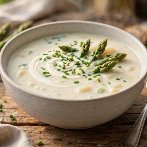Spargel Kartoffel Suppe Rezept – cremige Spargel-Kartoffel-Suppe in Schüssel mit Sahnehaube, Schnittlauch und Spargelspitzen