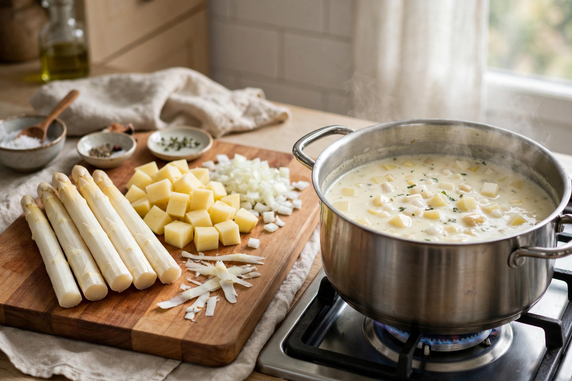 Spargel Kartoffel Suppe Rezept – geschälter Spargel, Kartoffelwürfel und Zwiebel bei der Zubereitung