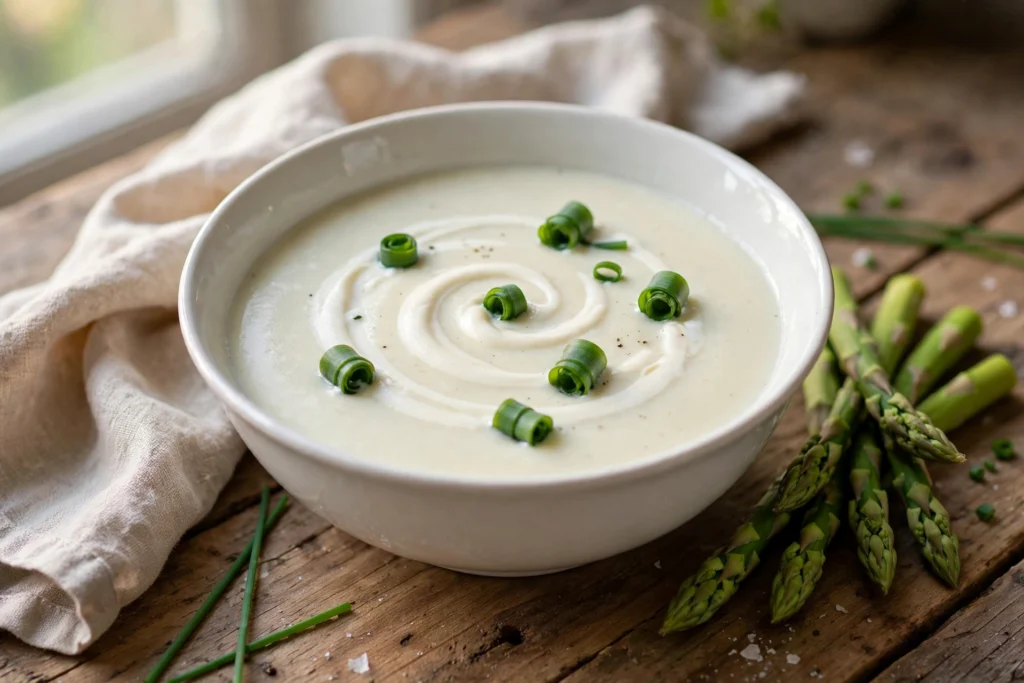 Spargel Suppe Rezept – cremige Spargelsuppe in weißer Schüssel mit Sahnehaube, Schnittlauch und Spargelstangen