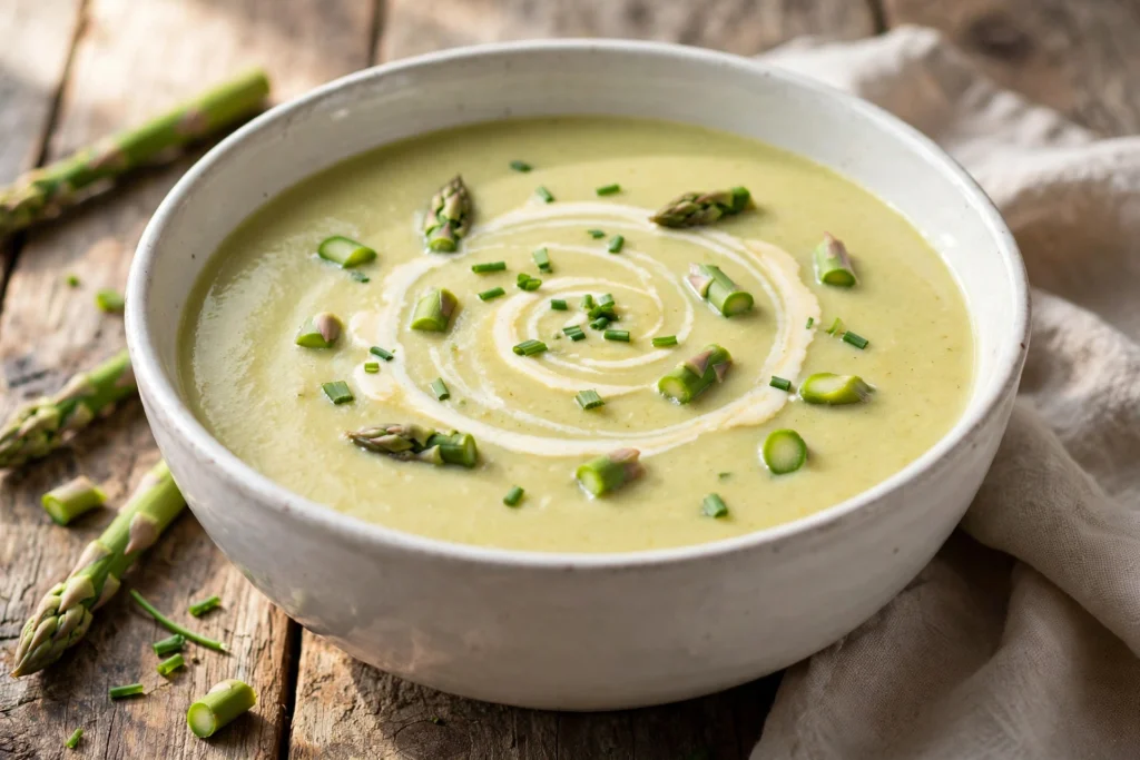 Spargelwasser Suppe Rezept – cremige Spargelwasser-Suppe in weißer Schüssel mit Sahnehaube, Spargelstücken und Schnittlauch
