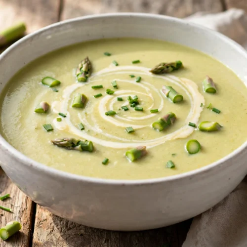 Spargelwasser Suppe Rezept – cremige Spargelwasser-Suppe in weißer Schüssel mit Sahnehaube, Spargelstücken und Schnittlauch