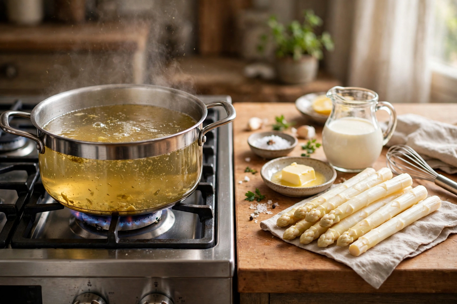 Spargelwasser Suppe Rezept – Topf mit Spargelkochwasser und frisch gekochtem weißem Spargel bei der Zubereitung