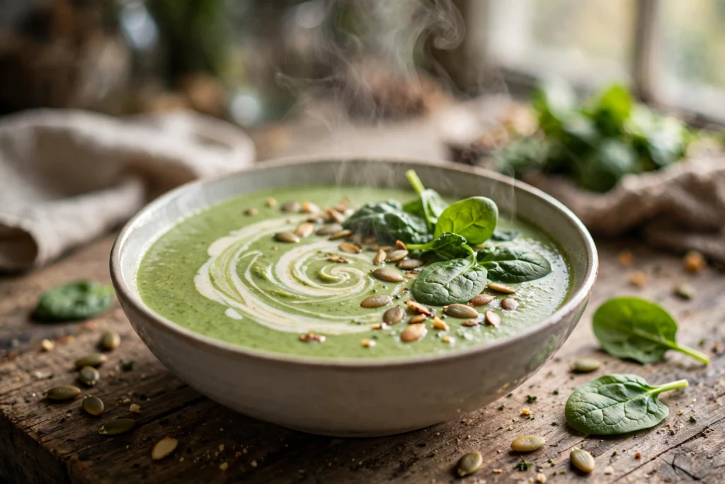 Spinat Suppe Rezept – dampfende Schale cremiger grüner Spinatsuppe mit Sahnehäubchen, frischen Spinatblättern und gerösteten Kürbiskernen