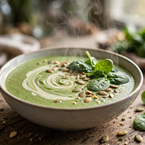 Spinat Suppe Rezept – dampfende Schale cremiger grüner Spinatsuppe mit Sahnehäubchen, frischen Spinatblättern und gerösteten Kürbiskernen