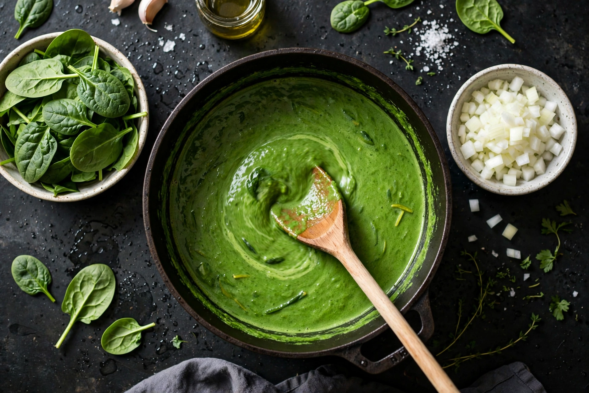 Spinat Suppe Rezept – Zubereitung im Topf: grüne Spinatsuppe wird mit dem Holzlöffel gerührt, daneben frische Spinatblätter