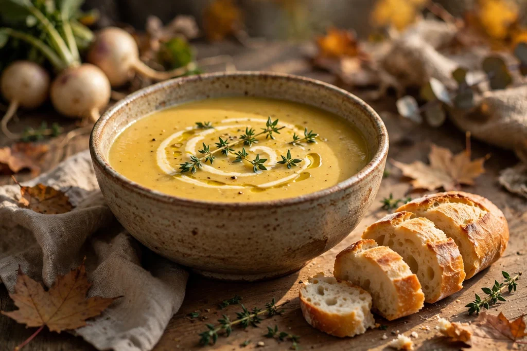 Steckrüben Suppe Rezept – cremige Steckrüben-Suppe mit Sahnehäubchen und Thymian in rustikaler Schale