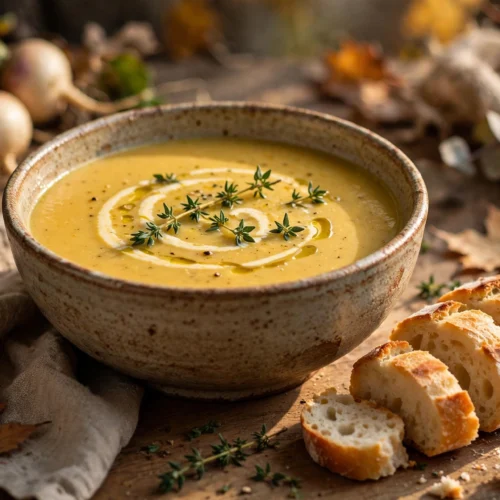 Steckrüben Suppe Rezept – cremige Steckrüben-Suppe mit Sahnehäubchen und Thymian in rustikaler Schale