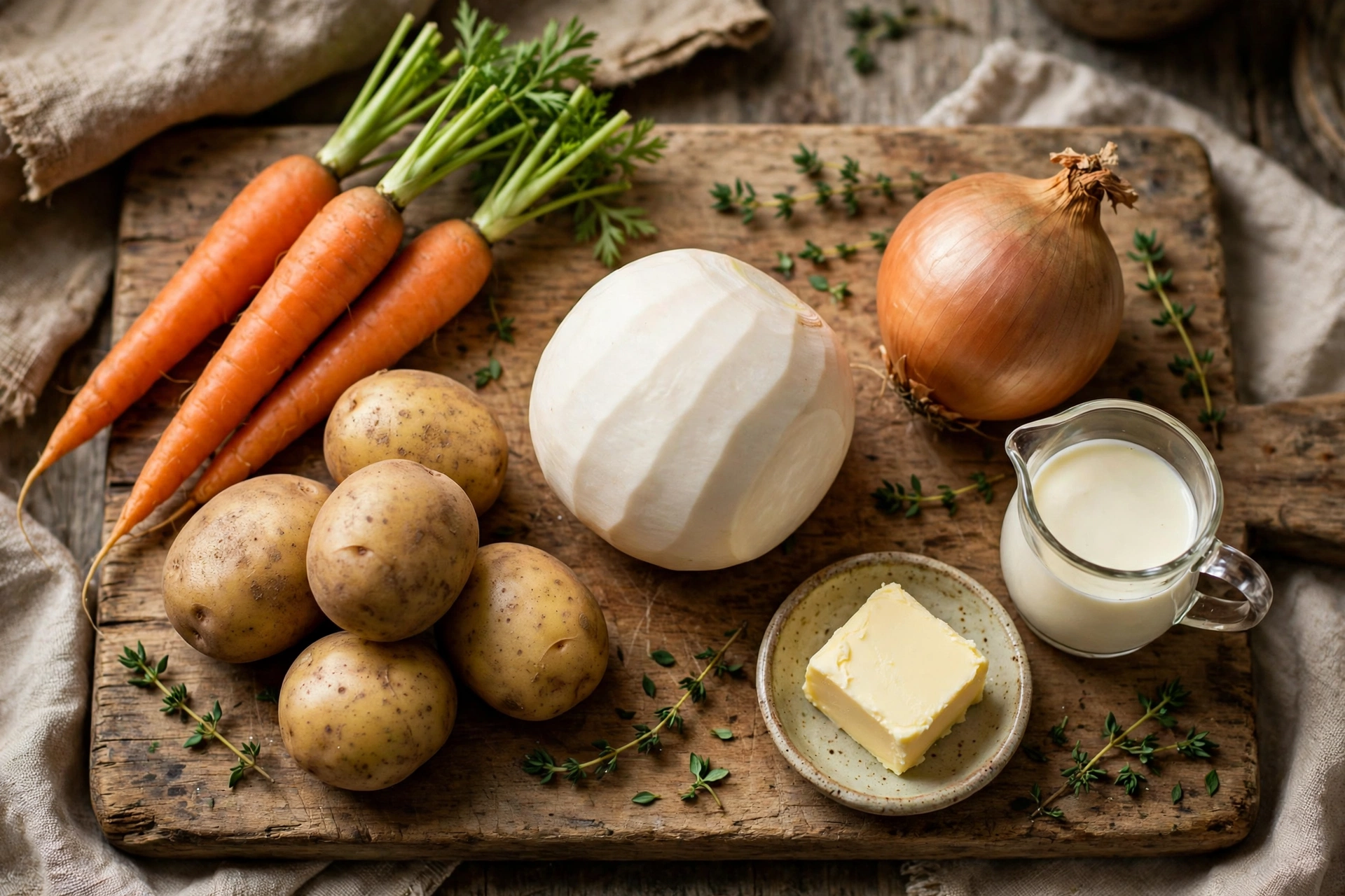 Steckrüben Suppe Rezept – Zutaten im Überblick: Steckrübe, Kartoffeln, Möhre, Zwiebel, Butter, Sahne und frischer Thymian auf einem Holzbrett