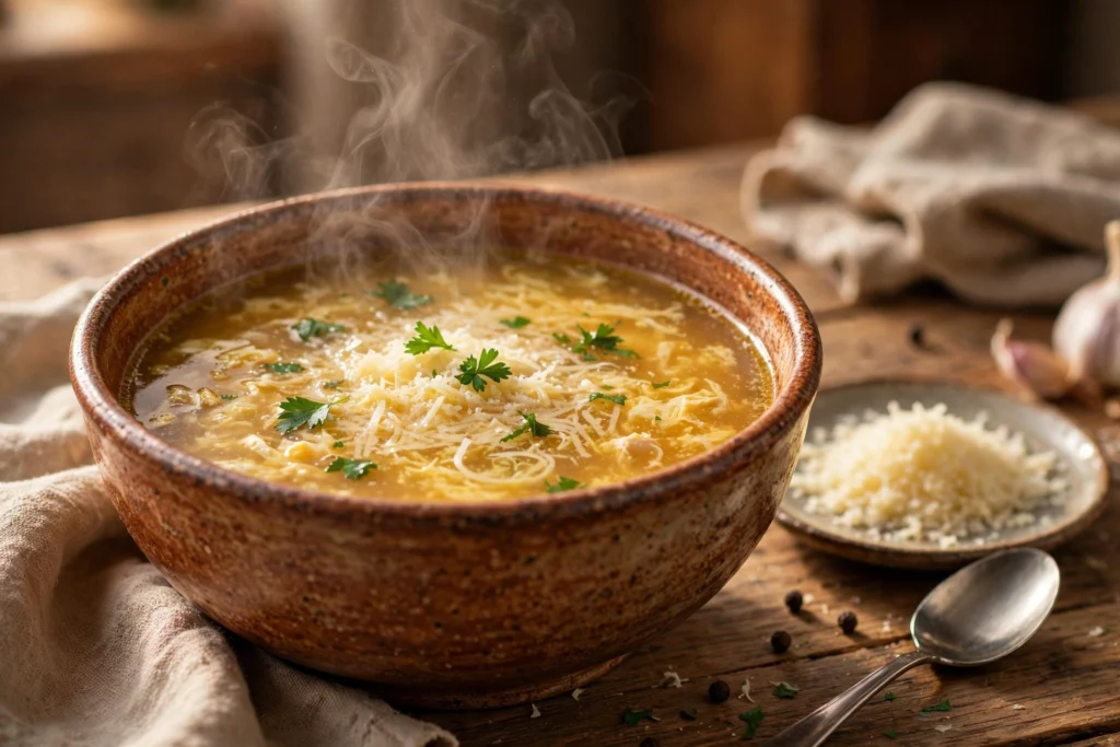 Stracciatella Suppe Rezept – dampfende Schale mit feinen Eierflöckchen, Parmesan und Petersilie in goldklarer Hühnerbrühe