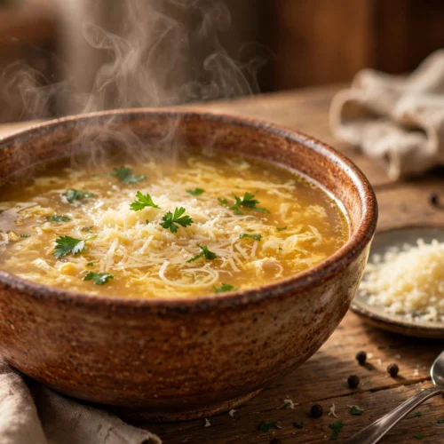 Stracciatella Suppe Rezept – dampfende Schale mit feinen Eierflöckchen, Parmesan und Petersilie in goldklarer Hühnerbrühe