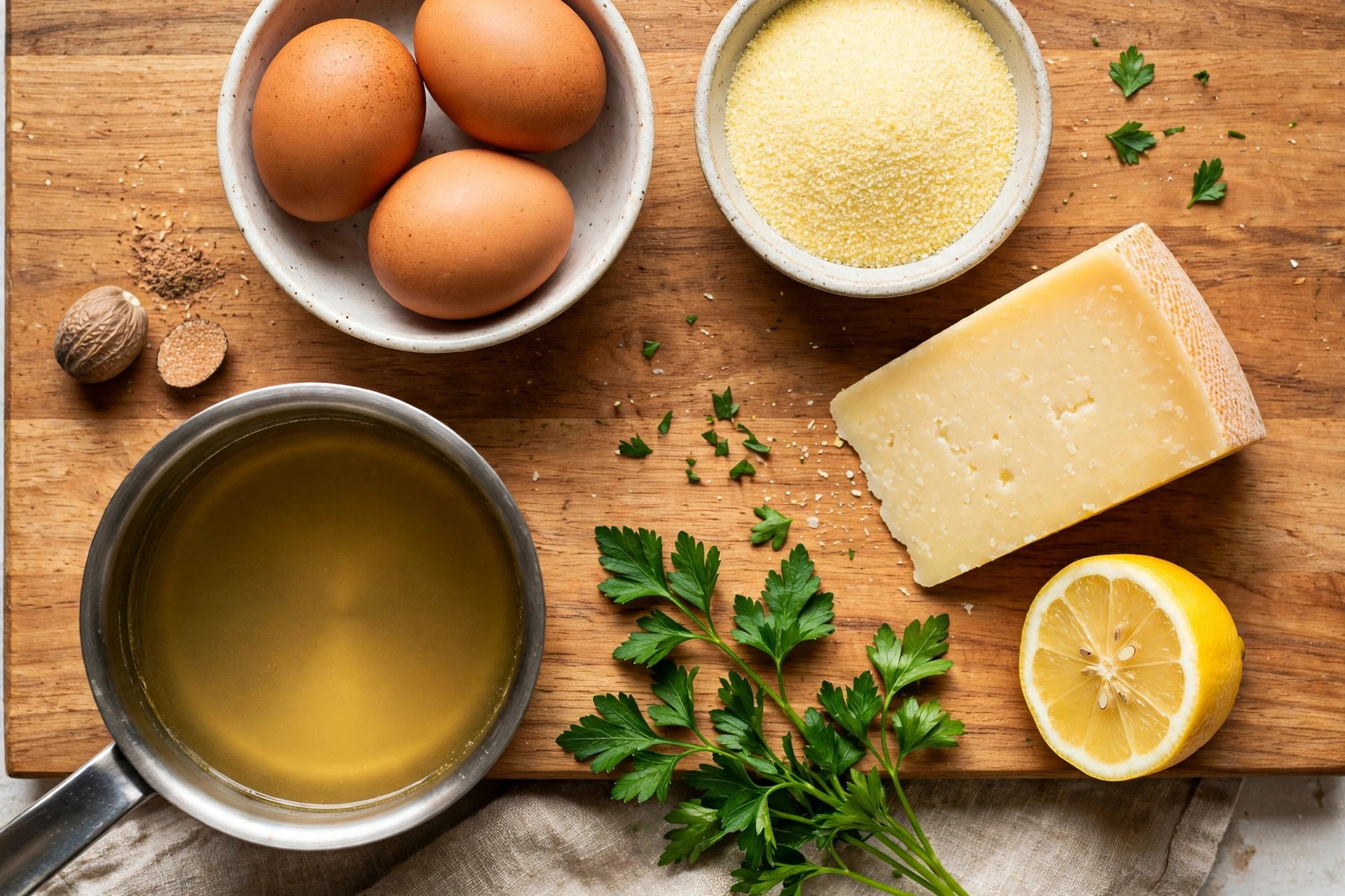 Stracciatella Suppe Rezept – Zutaten im Überblick: Eier, Parmesan, Grieß, Hühnerbrühe und Petersilie auf einem Holzbrett