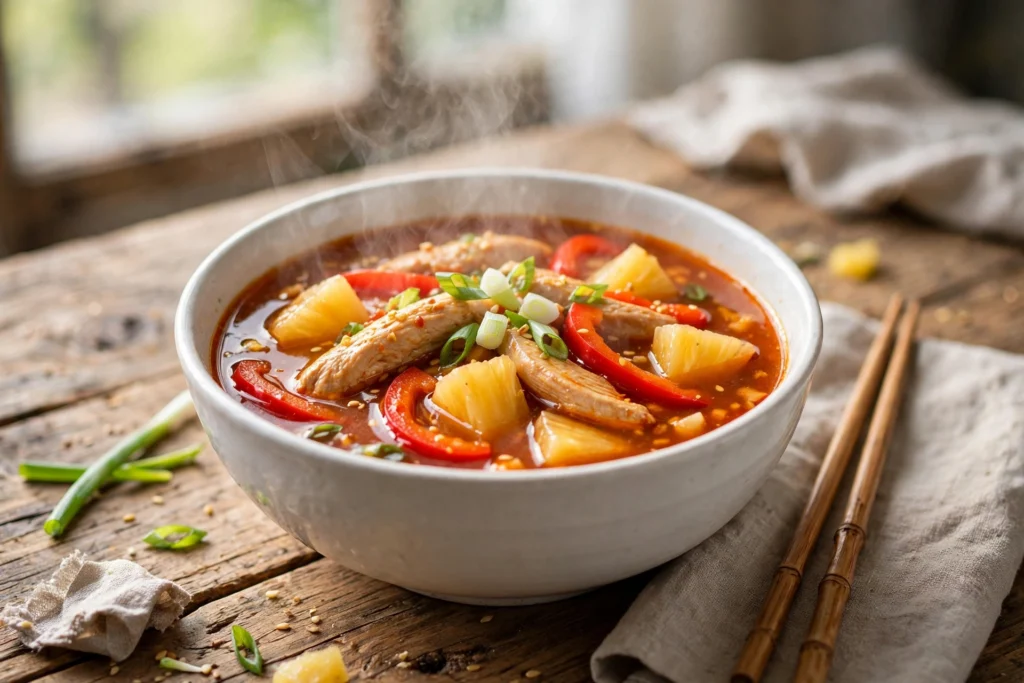 Süß sauer Suppe Rezept – dampfende süß-saure Suppe mit Hähnchen, Ananas, Paprika und Frühlingszwiebeln in weißer Schüssel auf Holztisch