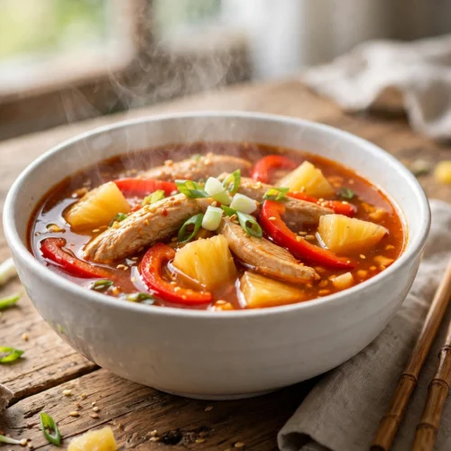 Süß sauer Suppe Rezept – dampfende süß-saure Suppe mit Hähnchen, Ananas, Paprika und Frühlingszwiebeln in weißer Schüssel auf Holztisch