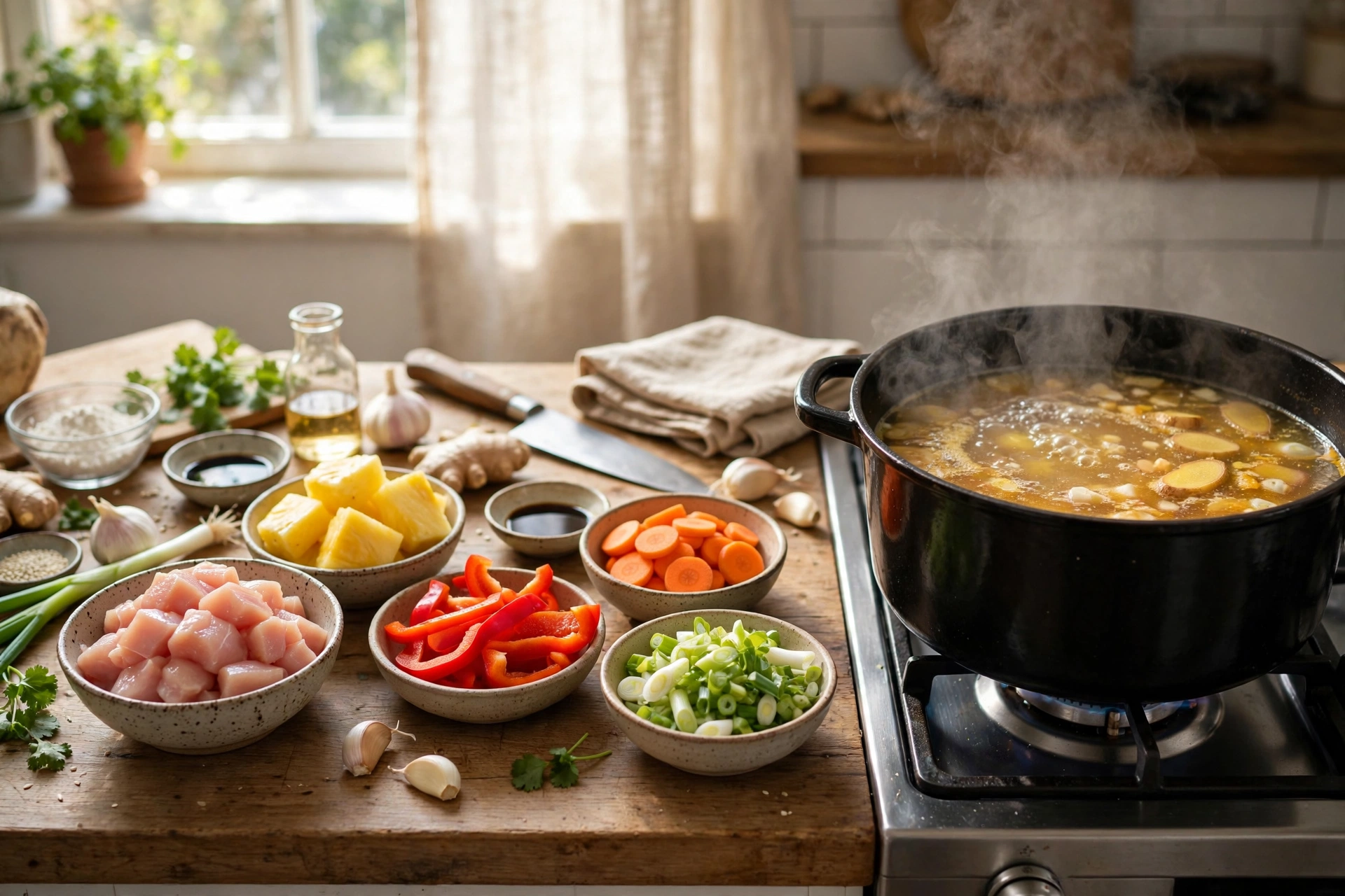 Süß sauer Suppe Rezept – Zubereitung: Hähnchenstreifen, Ananasstücke, Paprika und Bambussprossen werden für die süß-saure Suppe vorbereitet