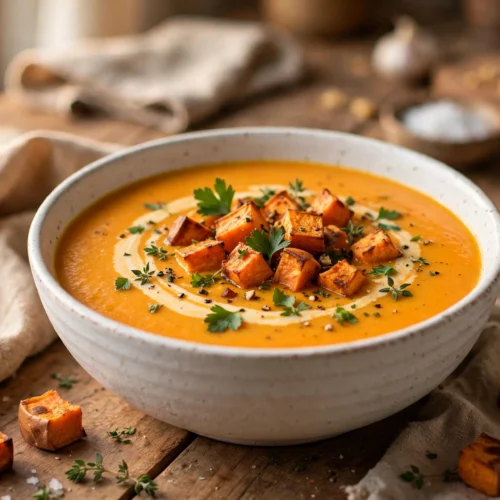 Süßkartoffel Suppe Rezept – cremige Süßkartoffelsuppe in weißer Schale mit Kokosmilch-Swirl, gerösteten Süßkartoffelwürfeln und Koriander